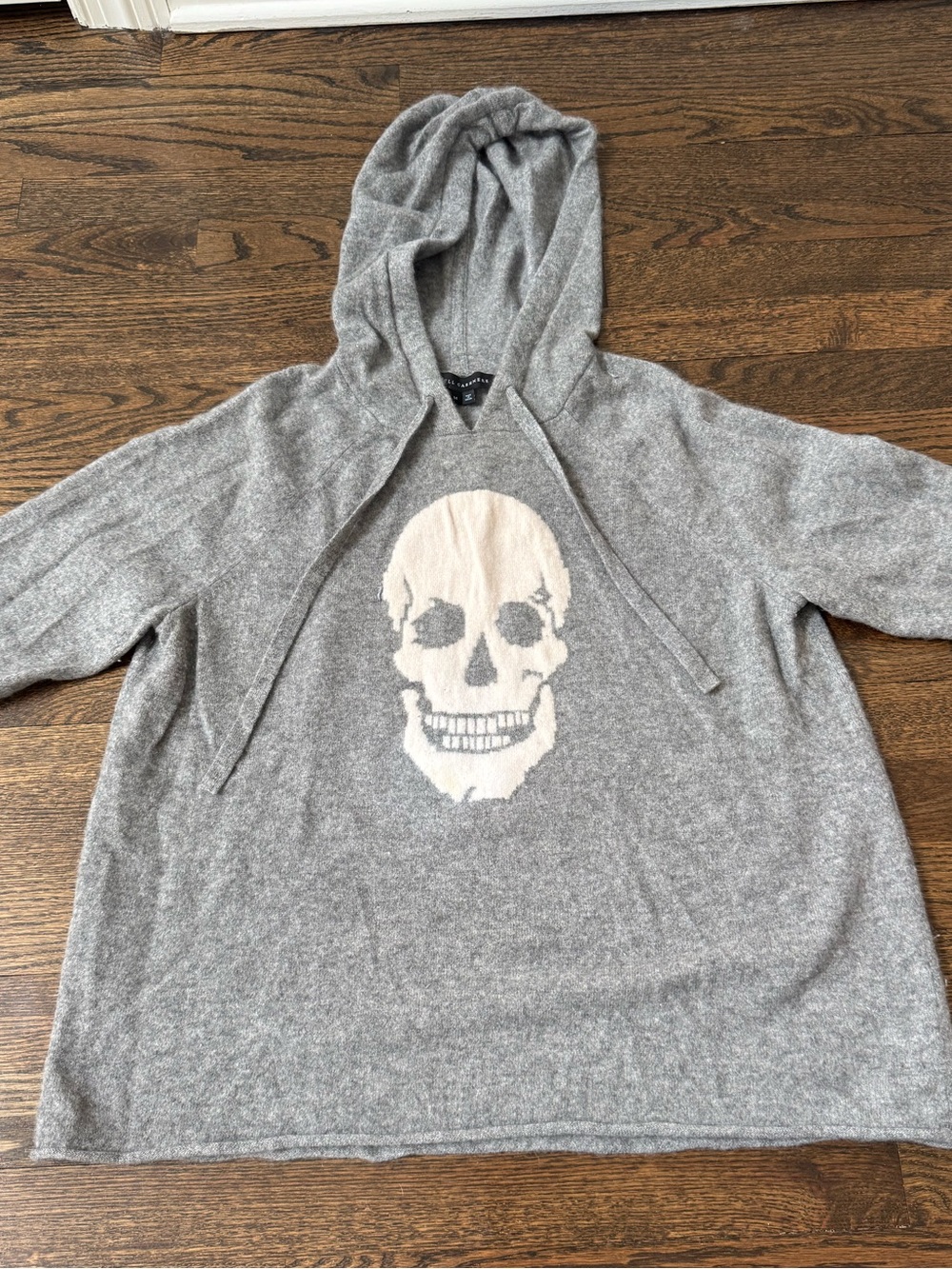 Women’s 100% cashmere Skull Cashmere Gray Hoodie Sweater with Ivory Skull
